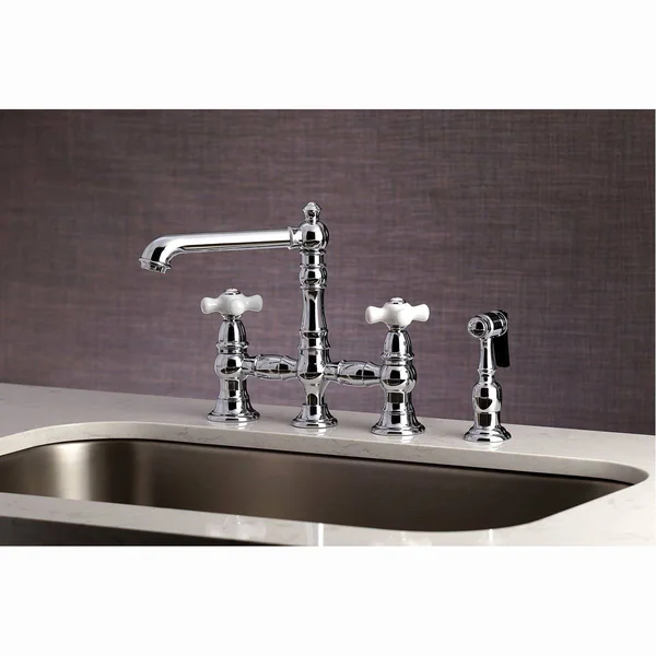 Kingston Brass KS7278PXBS English Country 8x22 Bridge Kitchen Faucet with Sprayer, Brushed Nickel