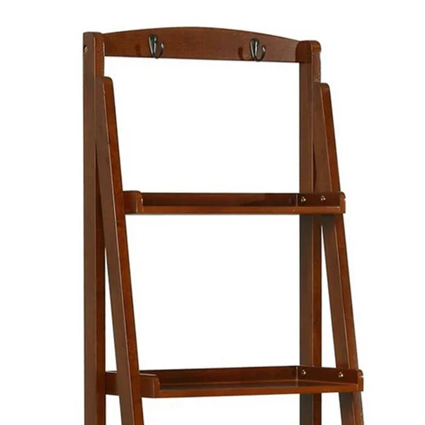 Benjara 72 Inches 5 Tier Wooden Ladder Bookcase with 2 Hooks - Brown
