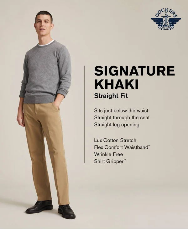 Dockers Men's Signature Lux Cotton Straight Fit Creased Stretch Khaki Pants - Charcoal Heather