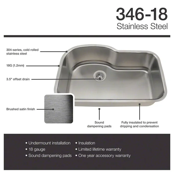 Mr Direct 346 Offset Single Bowl Stainless Steel Sink