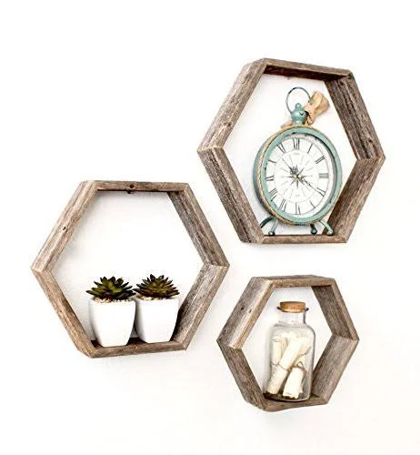 Barnwoodusa Rustic Hexagon Set of 3 Shelves - 100 Percent Reclaimed Wood, Weathered Gray