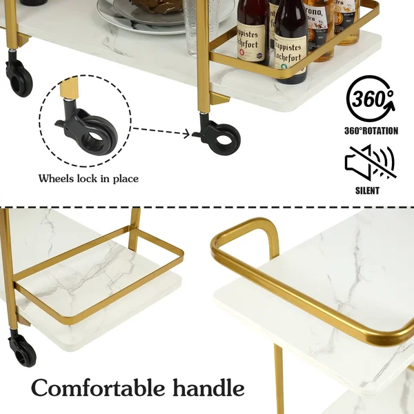 2 Tier Bar Cart with Black Wheels - Golden