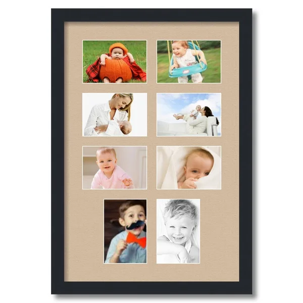 Collage Picture Frame - Satin Black Frame with 8 openings for 4x6 Photos with Pink Scotch Mist Mat. D3926DG764, ArtToFrames