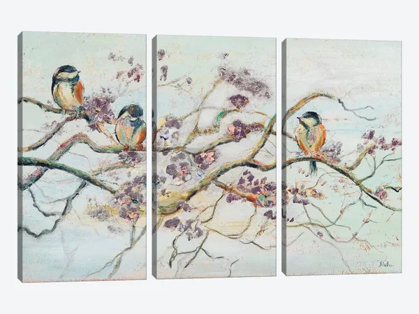 Patricia Pinto Large 3-Piece Canvas Print - Birds on Cherry Blossom Branch ( Floral & Botanical > Flowers > Blossoms