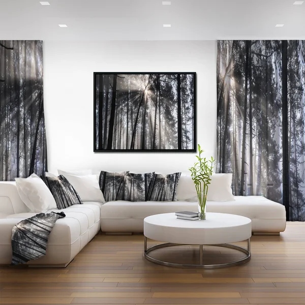 Designart 'Sunbeams Through Black White Forest' Forest Framed Canvas Wall Art Print - 20 in. Wide x 12 in. High - Gold