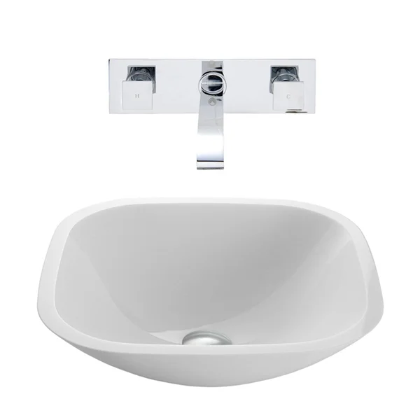 Vigo VGT221 Square Shaped White Phoenix Stone Glass Vessel Sink with Wall Mount Faucet - Chrome