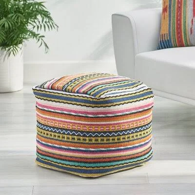 16x22 Wide Square Striped Pouf Ottoman Bungalow Rose Fabric: Orange/Navy Blue/Multi White 100% Cotton