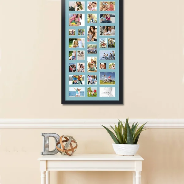 Collage Picture Frame - Satin Black Frame with 28 openings for 4x5 Photos with French Blue Mat. D3926FB561, ArtToFrames