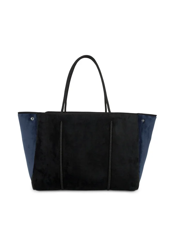 Haute Shore Greyson Plush Tote Purse Black Velvet, Navy Sides Bag