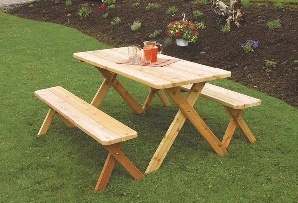 A & L Furniture Western Red Cedar Crossleg Picnic Table with 2 Benches
