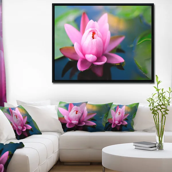 Designart 'Large Lotus Flower in The Pond' Floral Framed Canvas Art Print - 32 in. Wide x 16 in. High - White