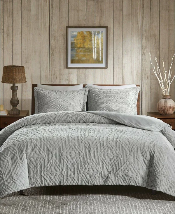 Woolrich - Teton Embroidered Plush Coverlet Set - Grey - Full/Queen