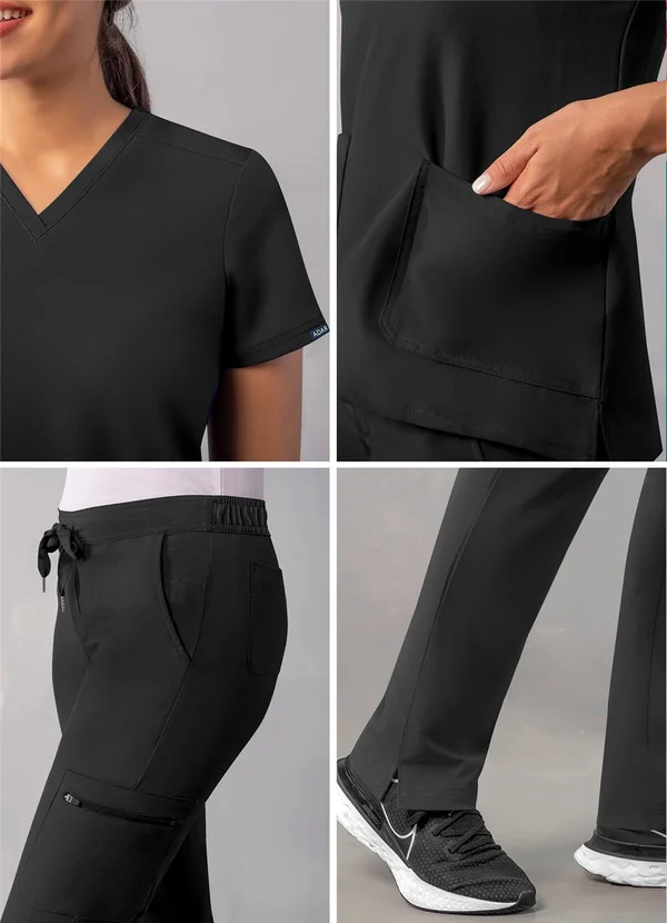 Adar Addition Go-Basic Scrub Set for Women - Slim V-Neck Scrub Top & Skinny Cargo Scrub Pants - A9200 - Black - XL