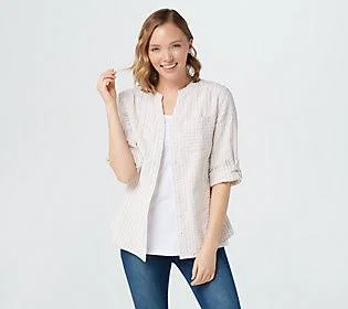 Denim & Co. Stretch SeersuckerTop with Tank, Size Small, New Stone
