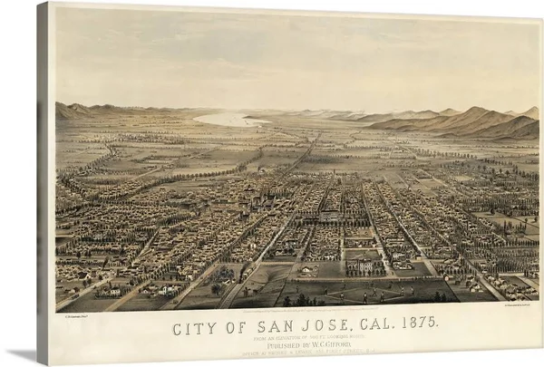 Vintage Birds Eye View Map of San Jose - California, Canvas Wall Art, 30x20, Great Big Canvas