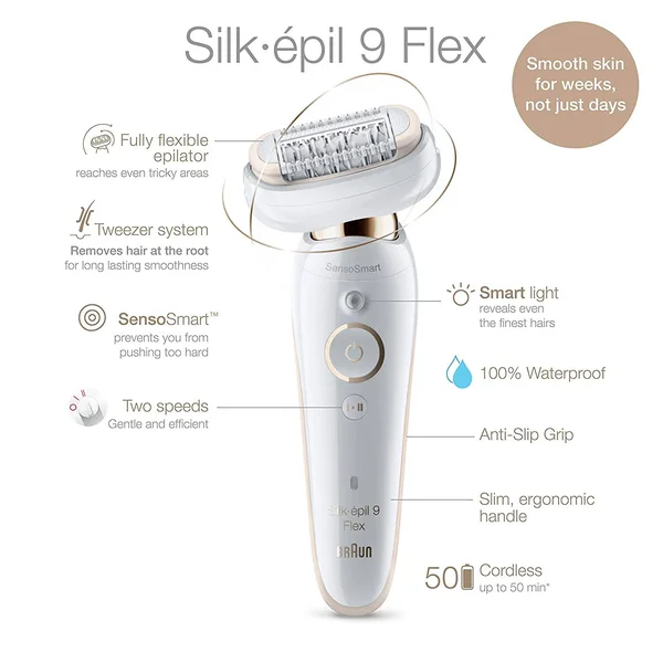 Braun Epilator Silk-閜il 9 9-020 with Flexible Head, Facial Hair Removal for Women, Shaver & Trimmer, Cordless, Rechargeable