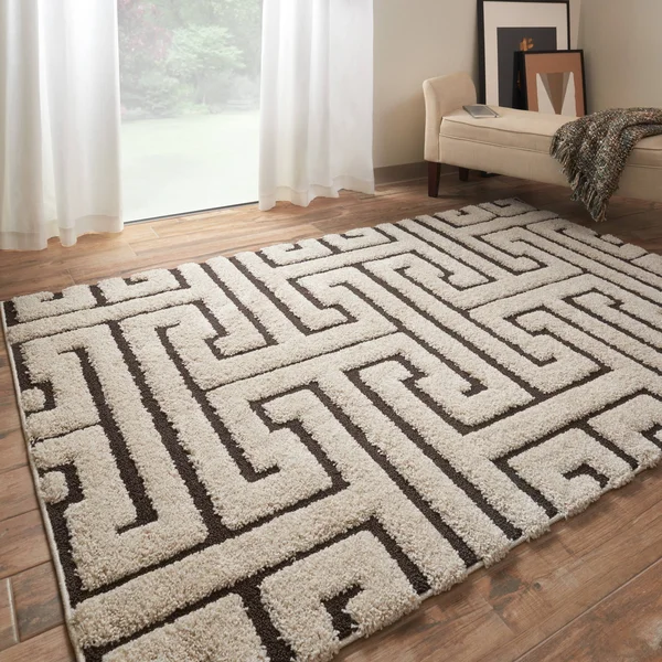 Alexander Home Julian Modern Greek-Key Shag Area Rug - 5&3x22 x 7&7x22 - Ivory/Dark Brown