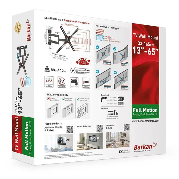 Barkan 13 - 65x22 Full Motion - 4 Movement Flat, Curved TV Wall Mount Black 80166139
