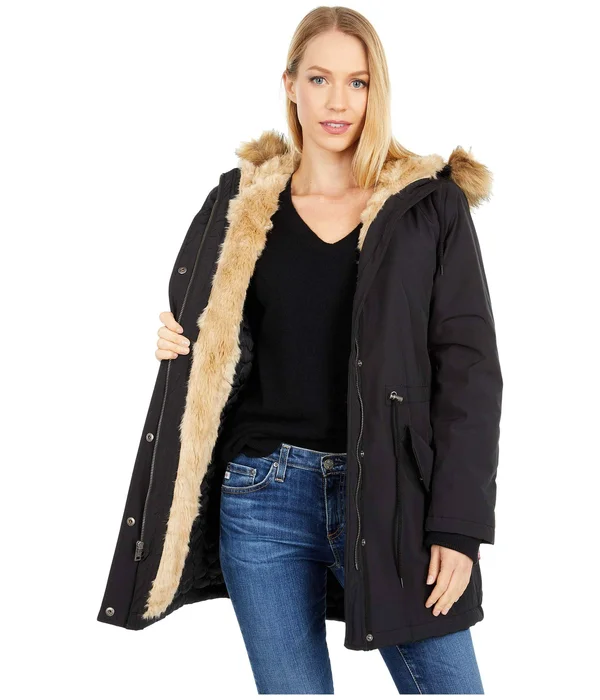 Levi&s Women's Arctic Cloth Faux-Fur-Trim Parka - Black w/ Tan Fur