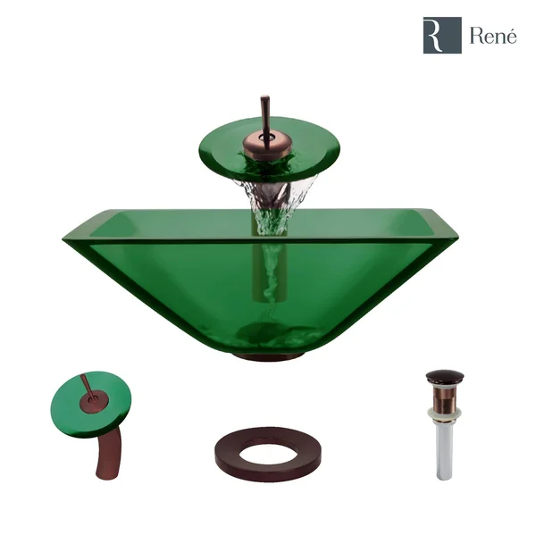 Rene R5-5003-IVY-WF-ORB Ivy Colored Glass Vessel Sink with Oil Rubbed Bronze Waterfall Faucet, Sink Ring, and Vessel Pop-Up Drai