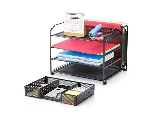 Simple Trending 4-trays Mesh Office Supplies Desk Organizer, Desktop Hanging File Holder with Drawer Organizer and Vertical Upri