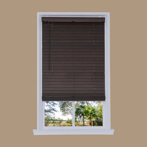 Allen + Roth 2-in Slat Width 56.75-in x 72-in Cordless Brown Faux Wood Room Darkening Faux Wood Blinds - DFWDC6072-56.75