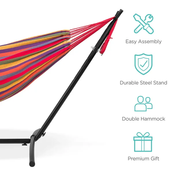 Best Choice Products 2-Person Brazilian-Style Cotton Double Hammock Bed w/ Carrying Bag, Steel Stand, Rainbow