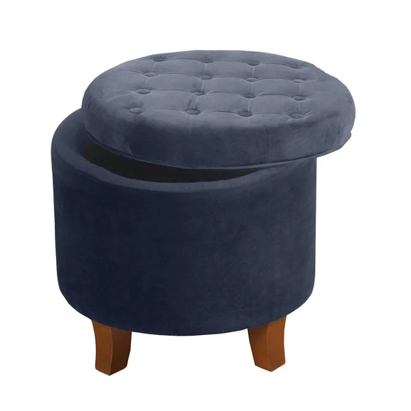 Button Tufted Velvet Upholstered Wooden with Hidden Storage Ottoman Dark Blue/Brown - Benzara