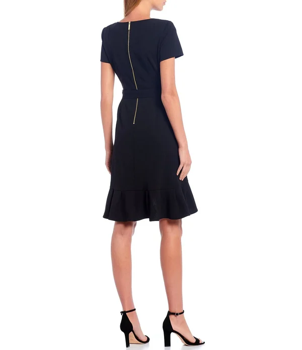 Calvin Klein Women's Ruffle Hem Belted Dress, Cream, 8