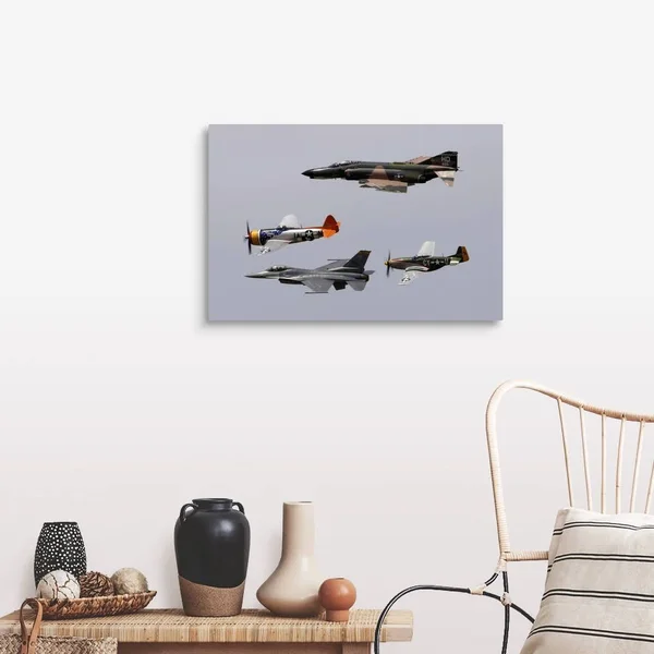 F-4 Phantom, P-47 Thunderbolt, F-16 Fighting Falcon and P-51 Mustang, Large Solid-Faced Canvas Wall Art Print, Great Big Canva