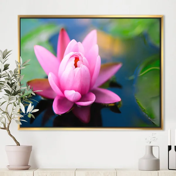 Designart 'Large Lotus Flower in The Pond' Floral Framed Canvas Art Print - 32 in. Wide x 16 in. High - White