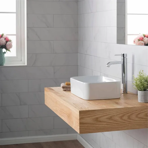 Kraus C-KCV-122-1007SN White Rectangular Ceramic Sink and Ramus Faucet Satin Nickel