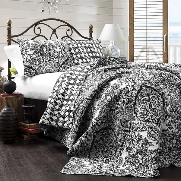 Lush Decor Aubree 3 Piece Quilt Set, King, Black/White