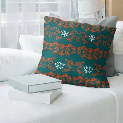 Miami Throwback Football Baroque Square Pillow Cover East Urban Home Color: Dark Green/Orange/White - Size: 20x22 x 20