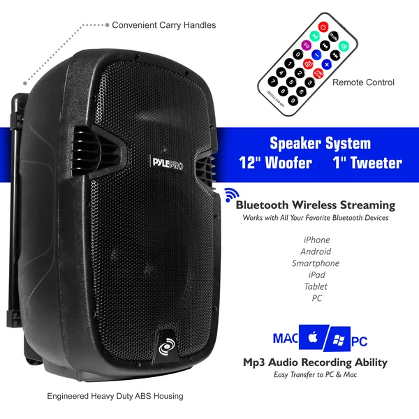 Pyle PPHP1241WMU Portable Bluetooth Loudspeaker - Active PA Speaker System Kit