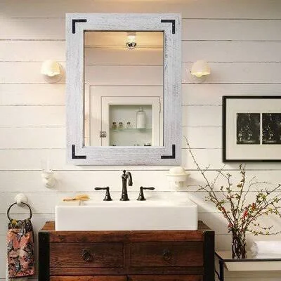 Rustic Wooden Framed Wall Mirror, Natural Wood Bathroom Vanity Mirror for Farmhouse Decor, Vertical or Horizontal Hanging, 32x22
