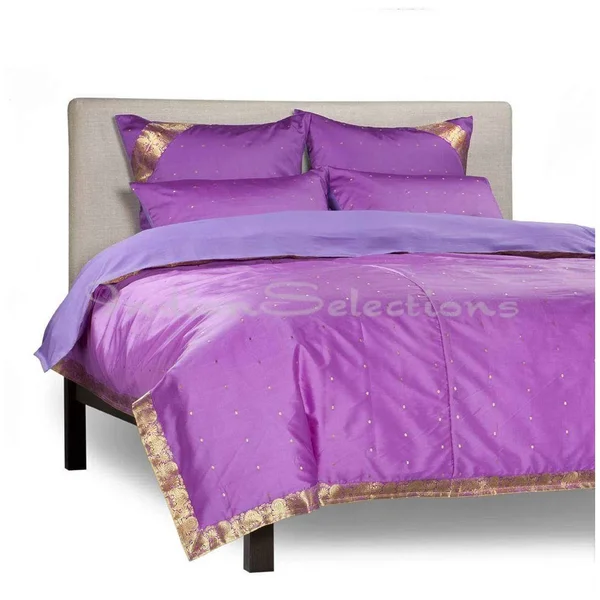 Lavender - 5 Piece Handmade Sari Duvet Cover Set with Pillow Covers, Euro Sham, Black