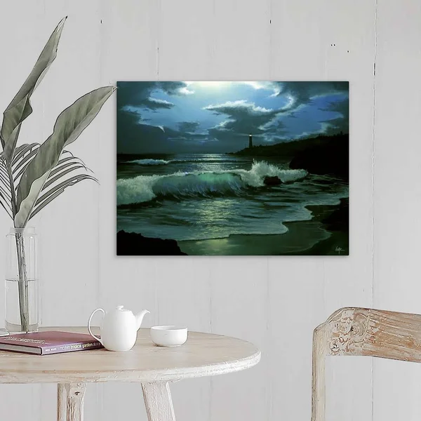 Waves Coming in on Shore, with A Lighthouse in The Distance, at Night, Large Solid-Faced Canvas Wall Art Print, Great Big Canv