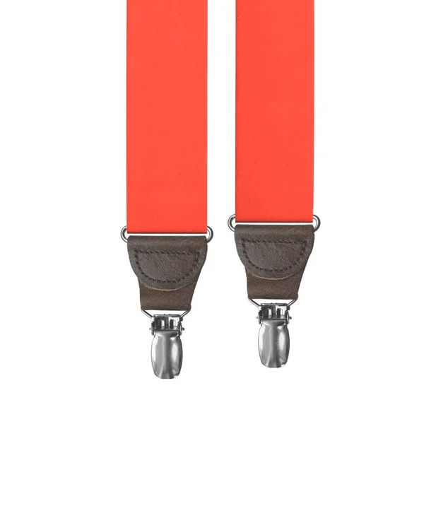 KK & Jay Supply Co., Red Grosgrain Clip-On Suspenders Brown Leather with Silver Hardware