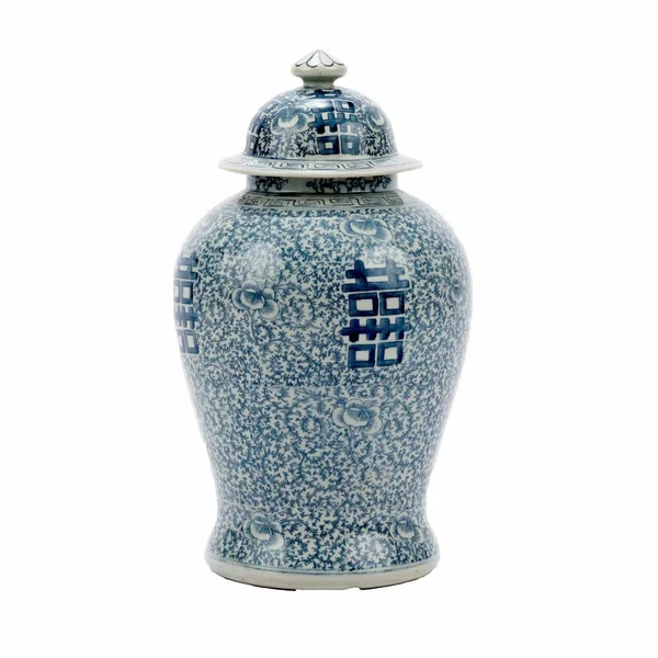 Blue & White Double Happiness Floral Temple Jar (1574)