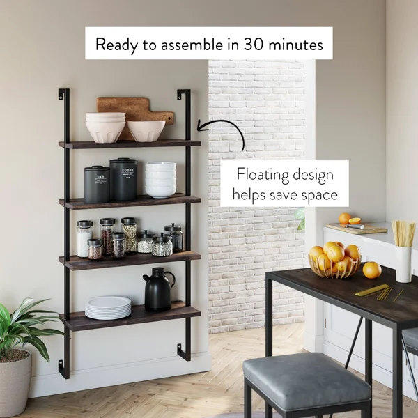 Nathan James Theo 4-Shelf Bookcase - Floating Wall Mount Shelves with Natural Wood and Industrial Pipe Metal Frame, Nutmeg/Black
