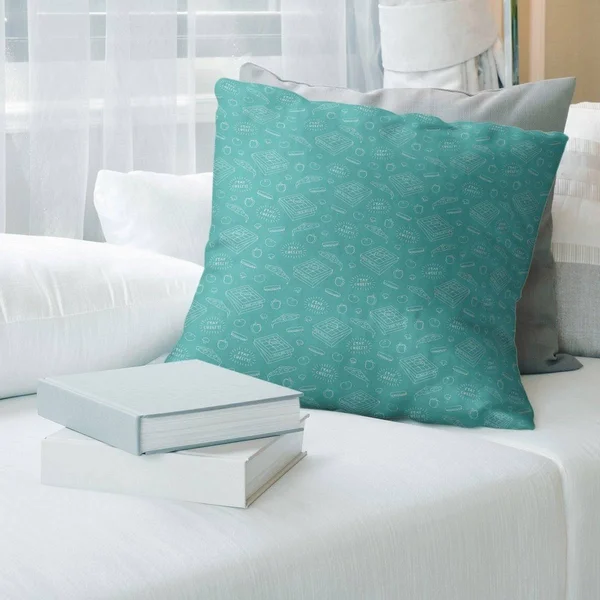 Fun Color Background Pizza Pattern Throw Pillow - 14 x 14 - Teal - Linen