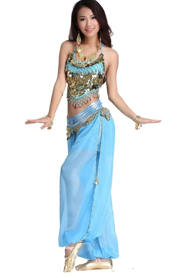 Zltdream Lady's Belly Dance Chiffon Banadge Top and Lantern Coins Pants Light Blue - One Size, Women's