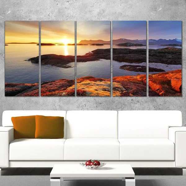 Designart PT14793-60-28 Ocean Coast Nice Sunset in Norway Canvas Artwork Print, 60X28x22