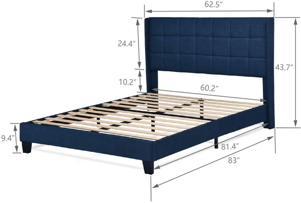 Navy Blue Queen Size Platform Bed Frame Wingback Fabric Upholstered