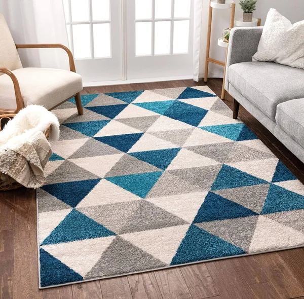 Well Woven Isometry Blue & Grey Modern Geometric Triangle Pattern 7&10x22 x 9&10x22 Area Rug Soft Shed Free Easy to Clean St