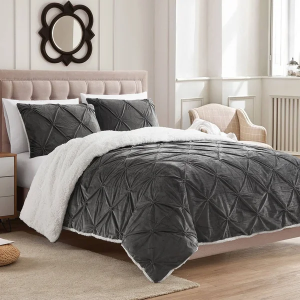 Sweet Home Collection 3 Piece Pintuck Sherpa Comforter Set Gray - King