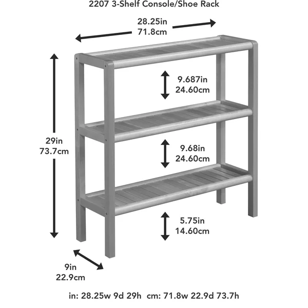 NewRidge Home Goods 2207-GRA 3 Tier Home Solid Wood Abingdon CONSOLE, Stand, Bookcase & Shoe Rack