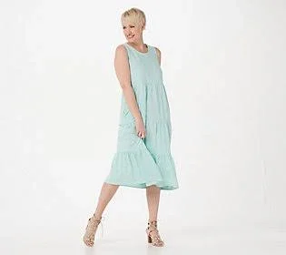 Denim & Co. Beach Regular Linen Blend Knit Midi Dress w/ Pckts, Size Large, Eggshell Blue