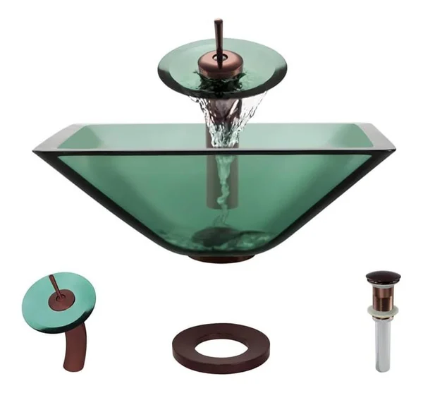 Rene R5-5003-IVY-WF-ORB Ivy Colored Glass Vessel Sink with Oil Rubbed Bronze Waterfall Faucet, Sink Ring, and Vessel Pop-Up Drai